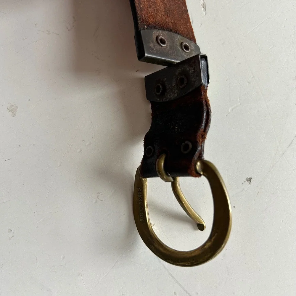 Vtg Belt Brass Buckle Mens XL XXL Distressed Brown Leather Workwear Reversible